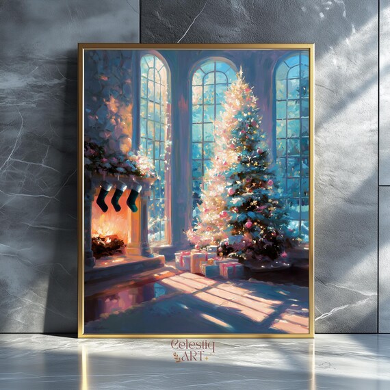 Christmas Tree By Fireplace Stockings Pink Winter Cozy Night Poster