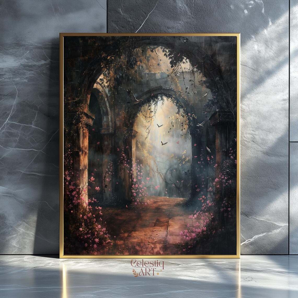 Gothic Rose Archway Mystical Garden Pink Flowers Mist Art Poster
