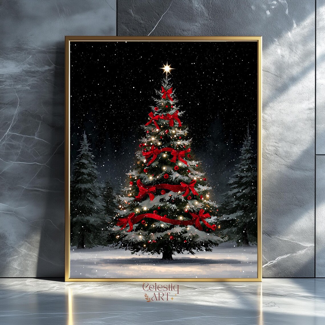 Christmas Tree Snow Art Print, Traditional Farmhouse Decor