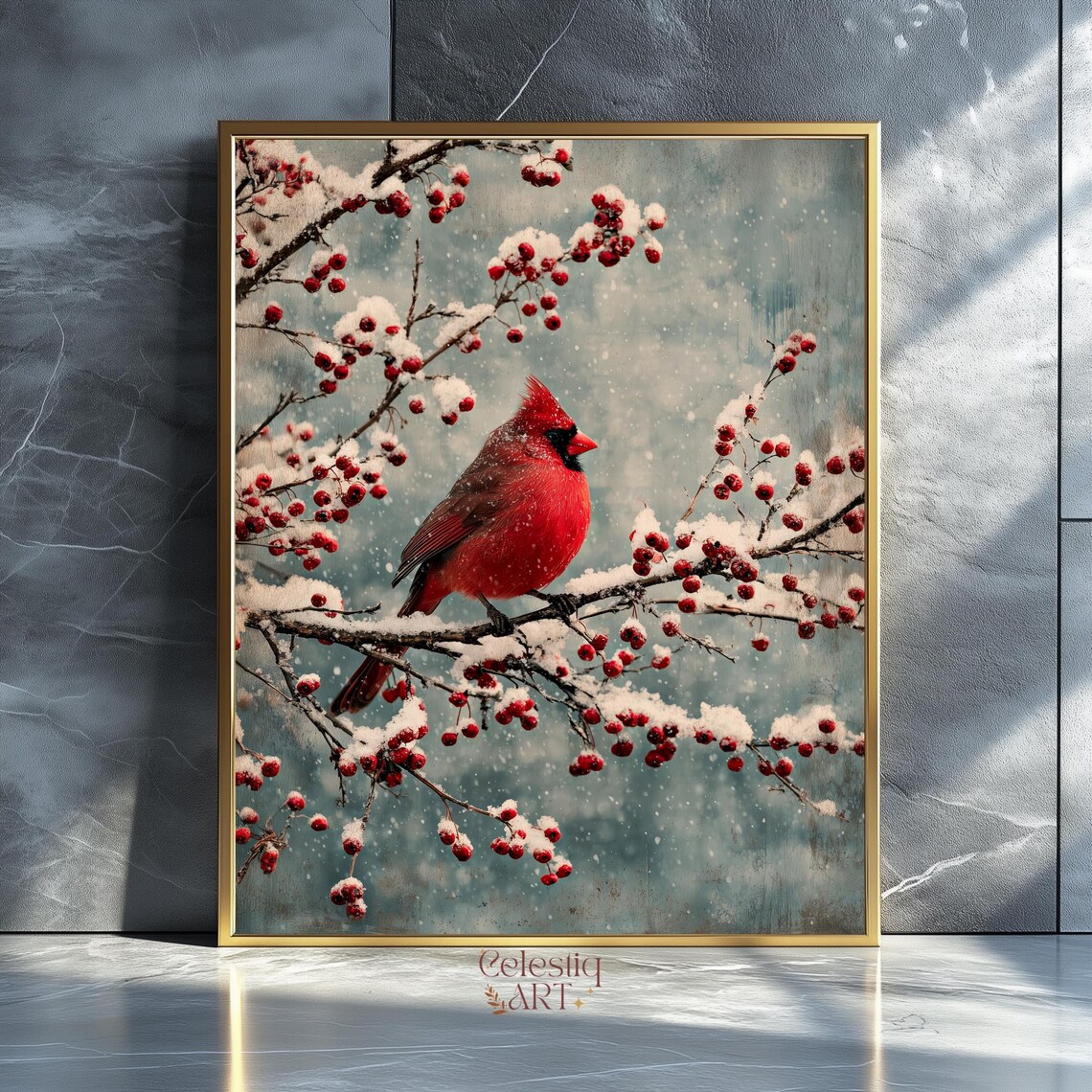Red Northern Cardinal Snowy Berries Winter Bird Painting Poster