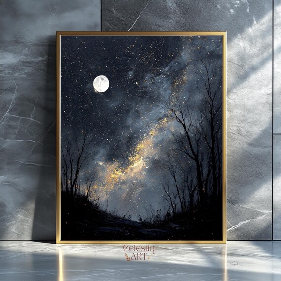 Vintage Star Gazing Night Landscape Wall Art Celestial Print