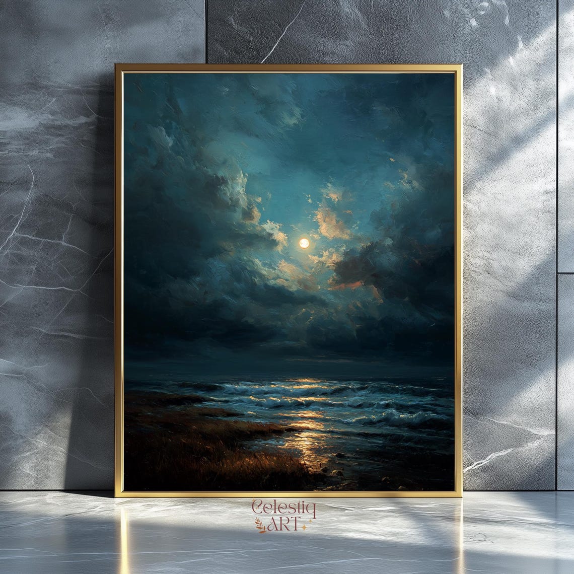 Moonlit Ocean Night Dramatic Clouds Seascape Oil Painting Poster