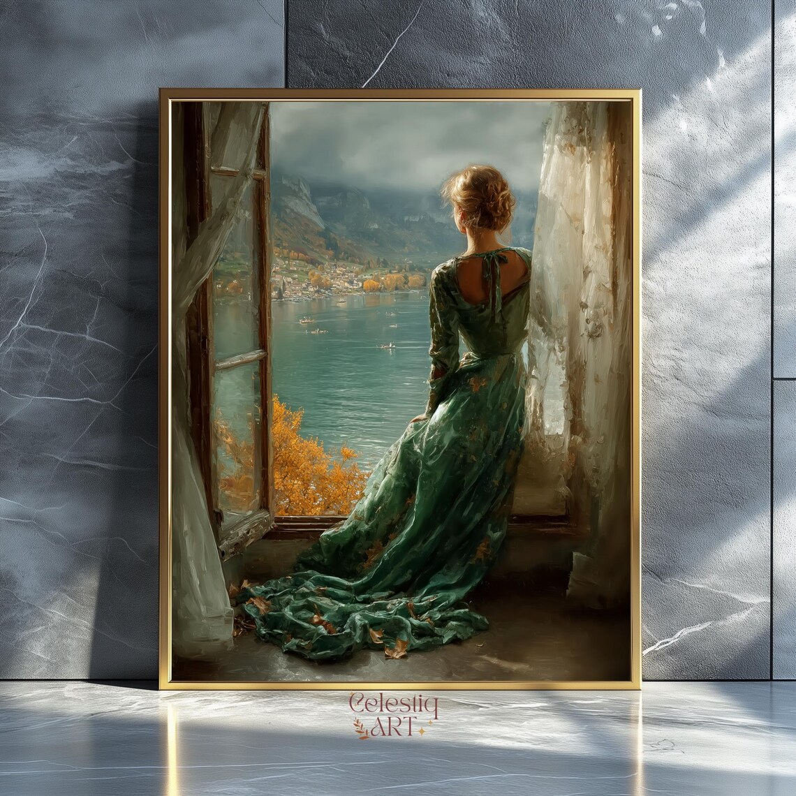 Woman in Emerald Dress Gazing at Autumn Lake Romantic Art Poster