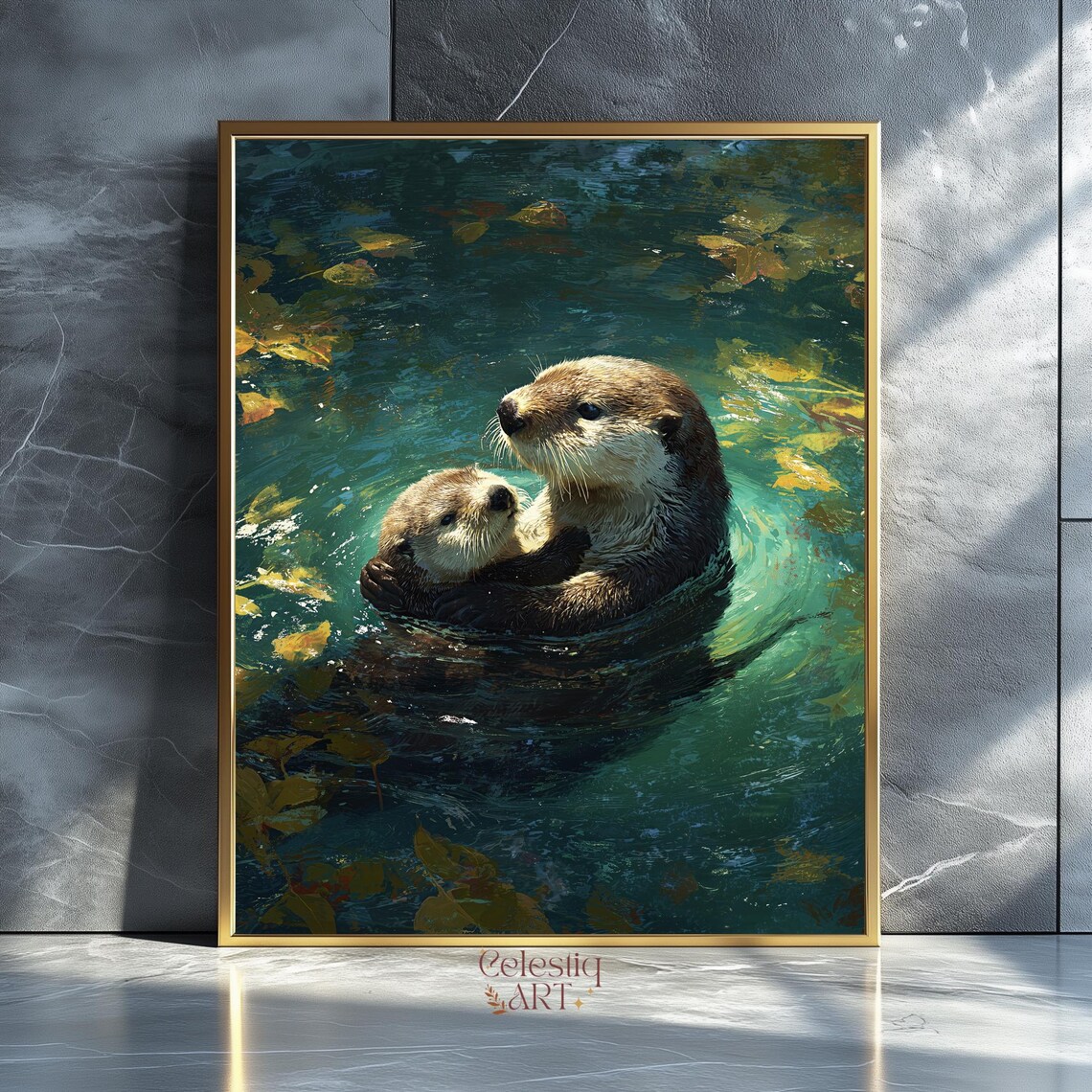 Mother and Baby Sea Otter Cuddle Ocean Watercolor Style Animal Poster