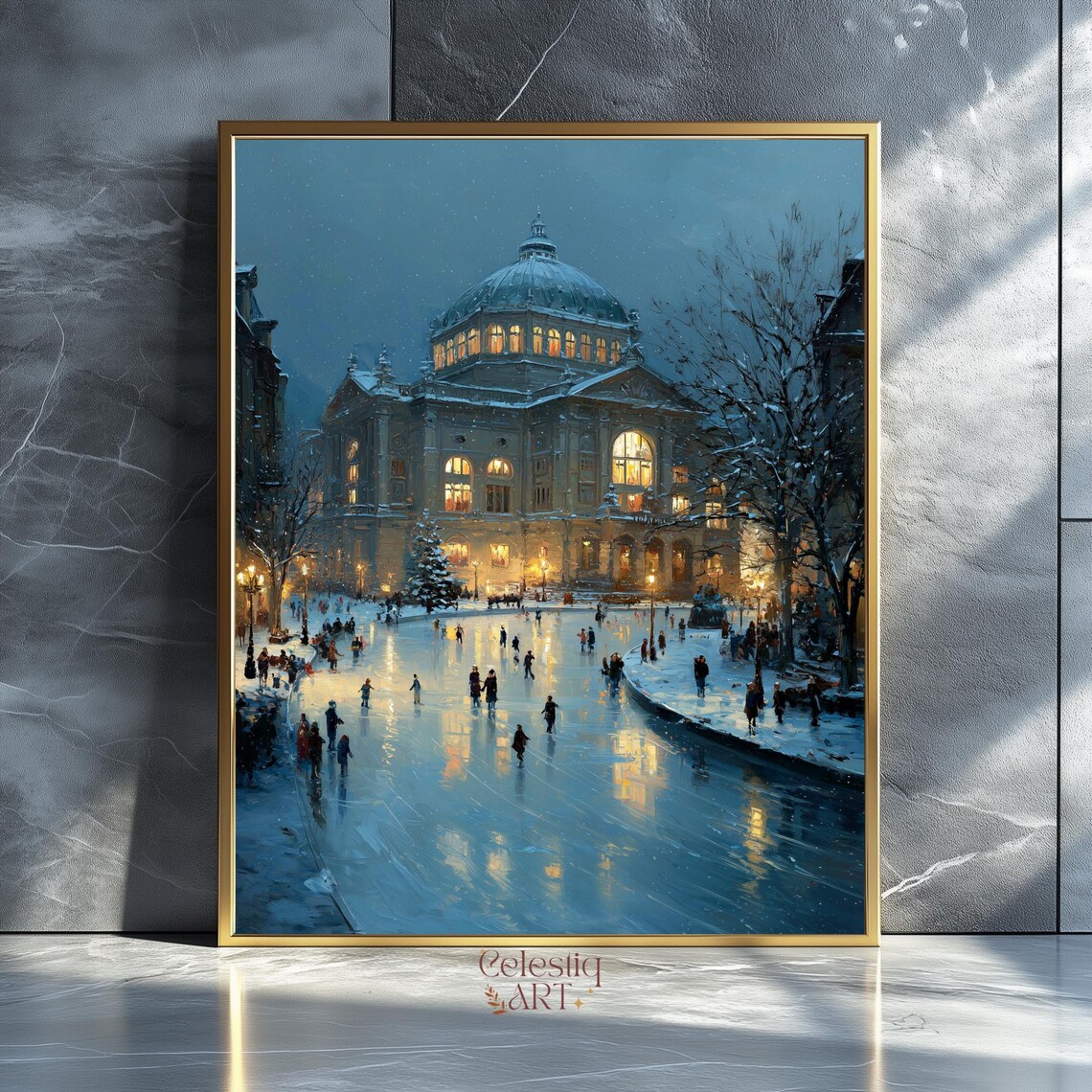Vintage Winter Town Ice Skaters Frozen Lake Snowy Evening Poster