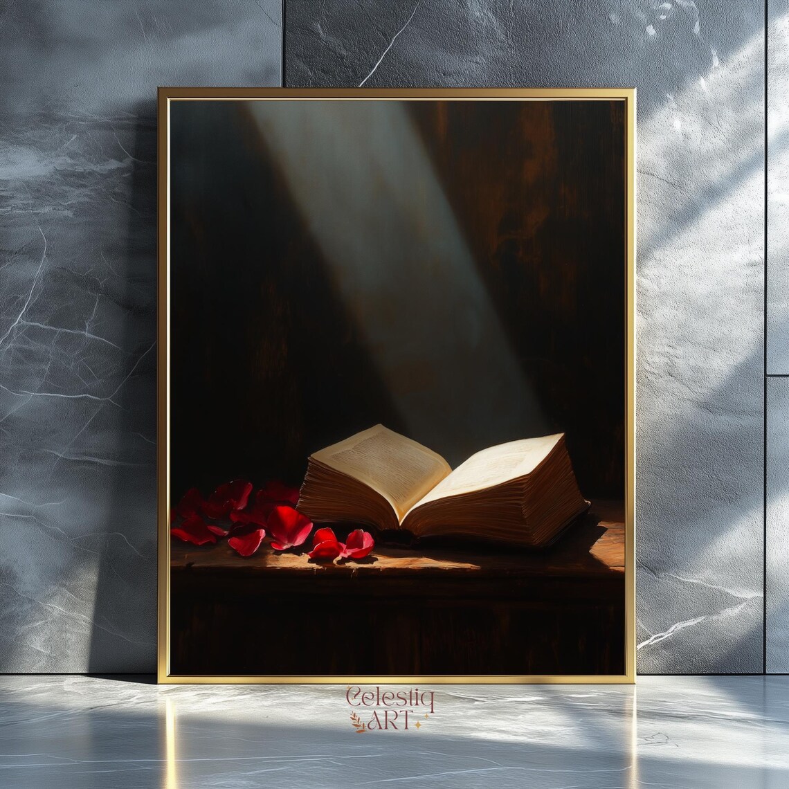 Open Book With Red Rose Petals Moody Still Life Literary Art Print