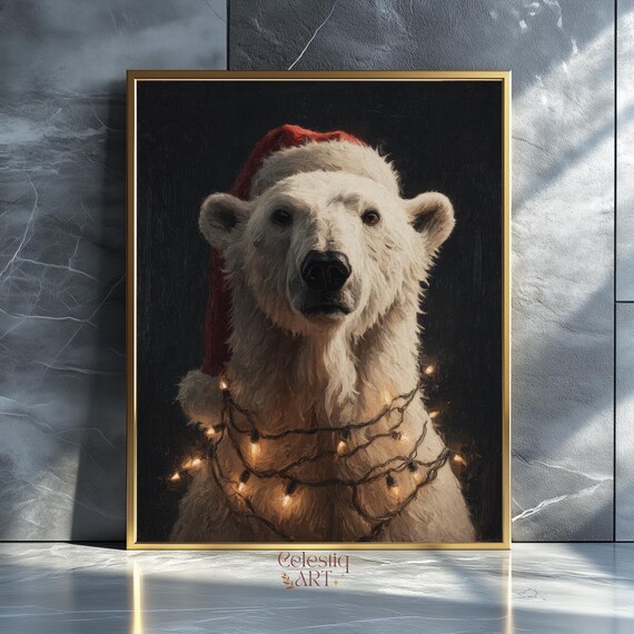 Polar Bear Santa Hat Christmas Lights Dark Holiday Animal Portrait Poster