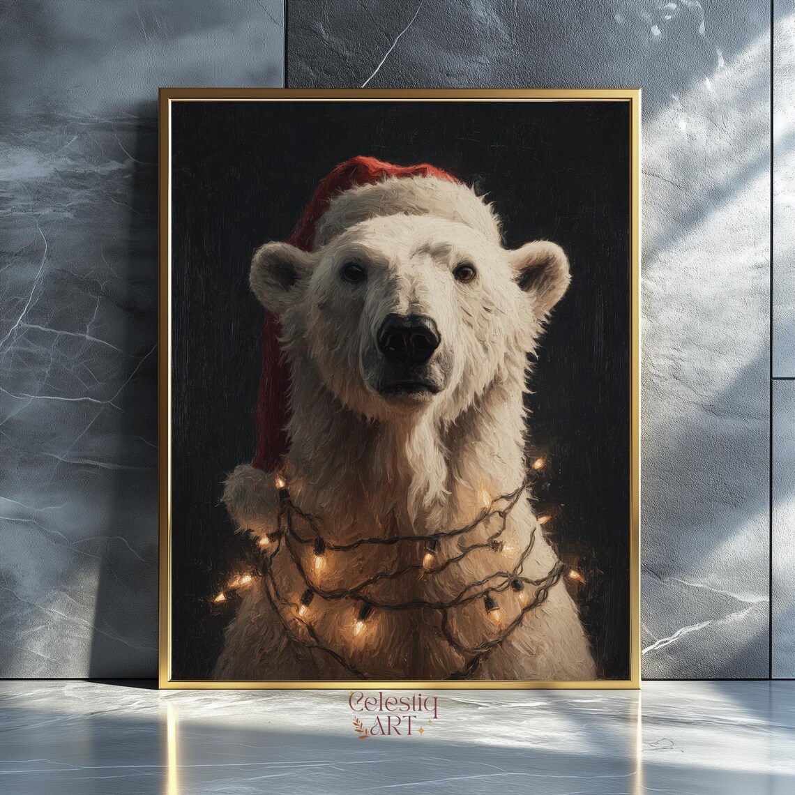 Polar Bear Santa Hat Christmas Lights Dark Holiday Animal Portrait Poster