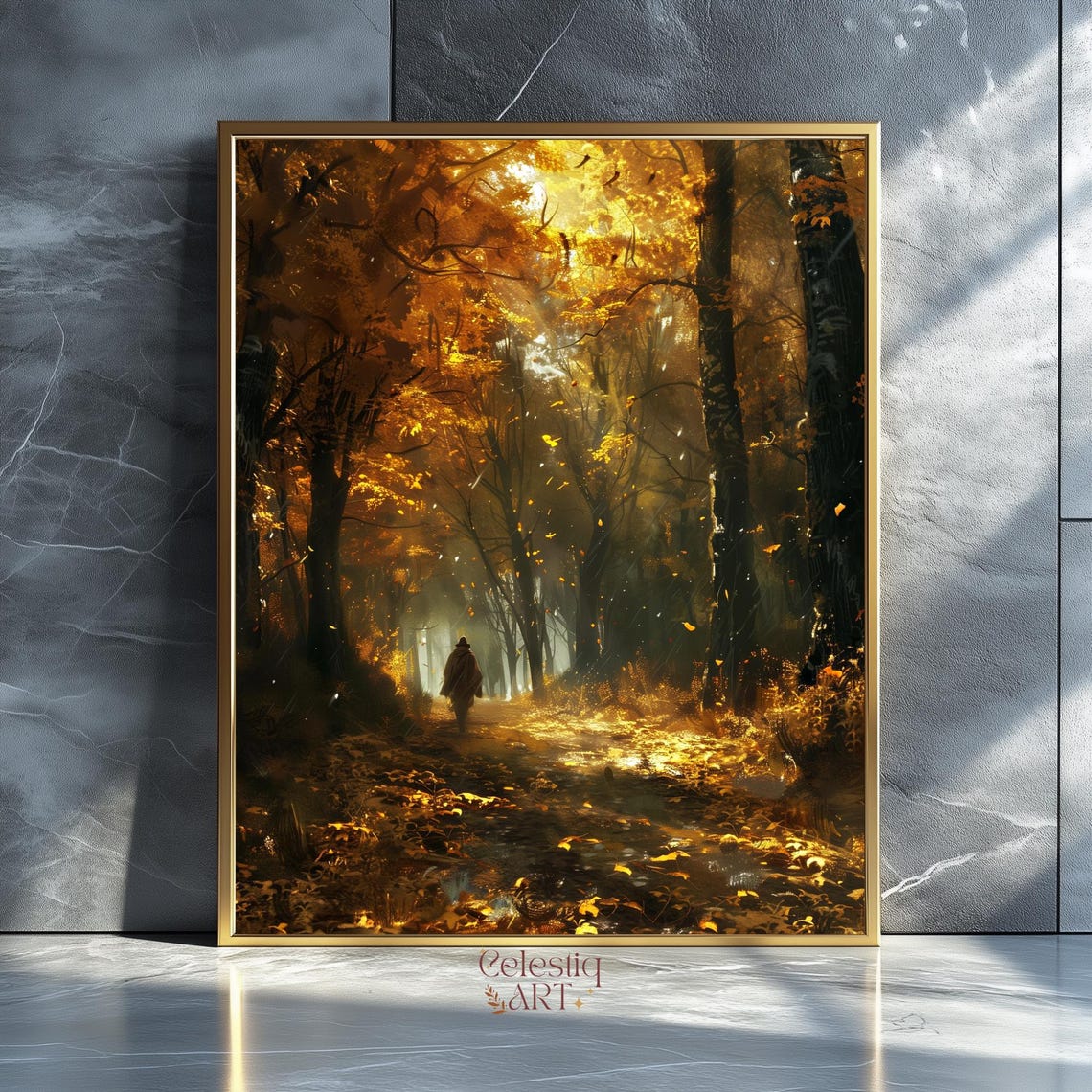 Moody Autumn Forest Path Golden Falling Leaves Walker Art Poster