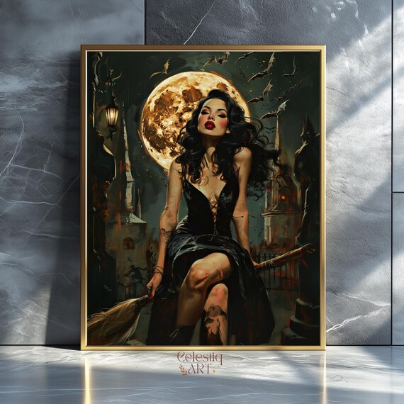 Gothic Pinup Witch Art Print 1950s Retro Halloween Decor