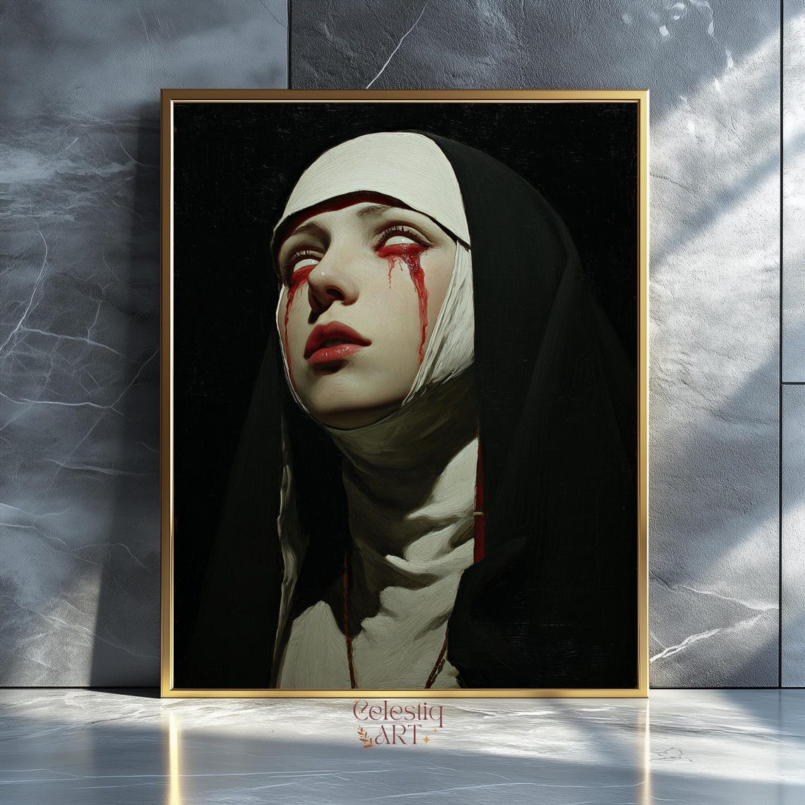 Sorrowful Nun Bleeding Eyes Gothic Dark Religious Horror Print