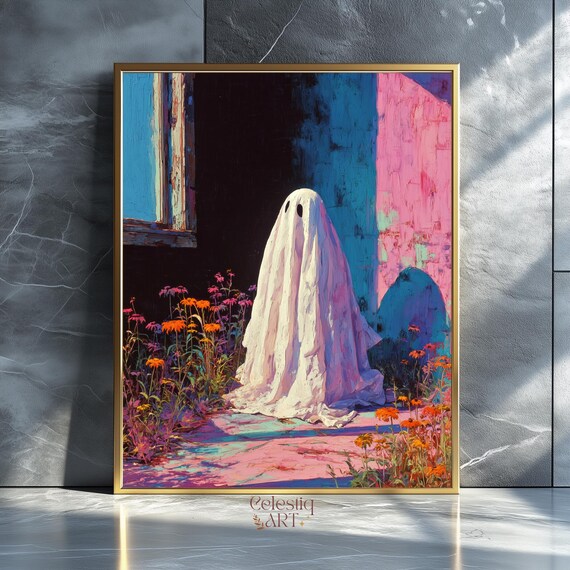 Cute Floral Spooky Painting Pastel Halloween Art Vintage Girly Dorm Wall Pink Apartment Decor
