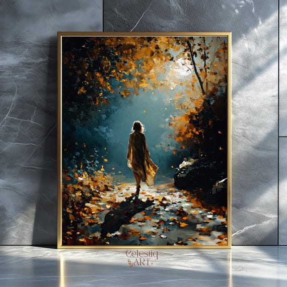 Woman In Autumn Forest Print Vintage Style Impressionist Art