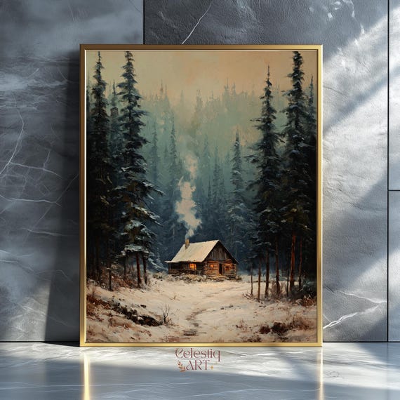 Winter Cabin Print Snowy Forest Landscape Moody Cottage Decor