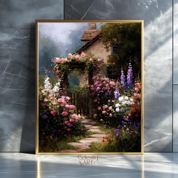 French Cottage Garden Rose Covered Gate Monet Style Art Poster