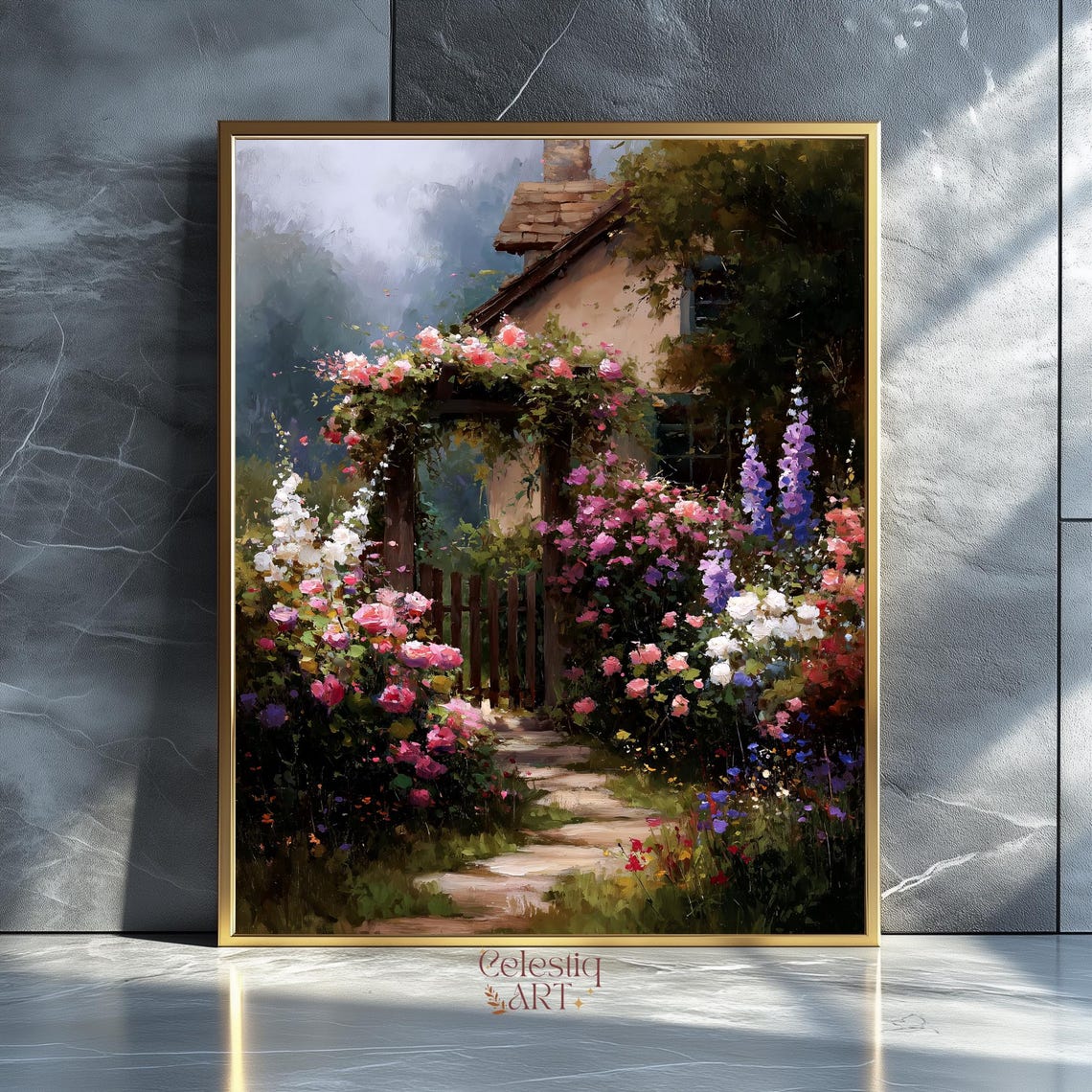 French Cottage Garden Rose Covered Gate Monet Style Art Poster