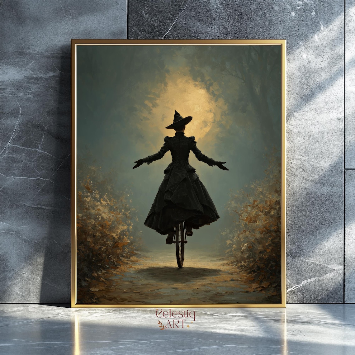 Witch On Unicycle Moonlit Foggy Path Vintage Halloween Night Poster