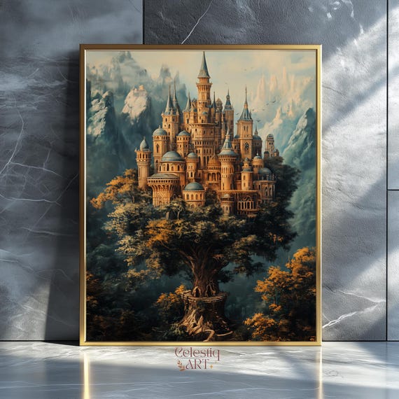 Fantasy Castle Tree Art Print Fairycore Mountain Fortress Poster Wall