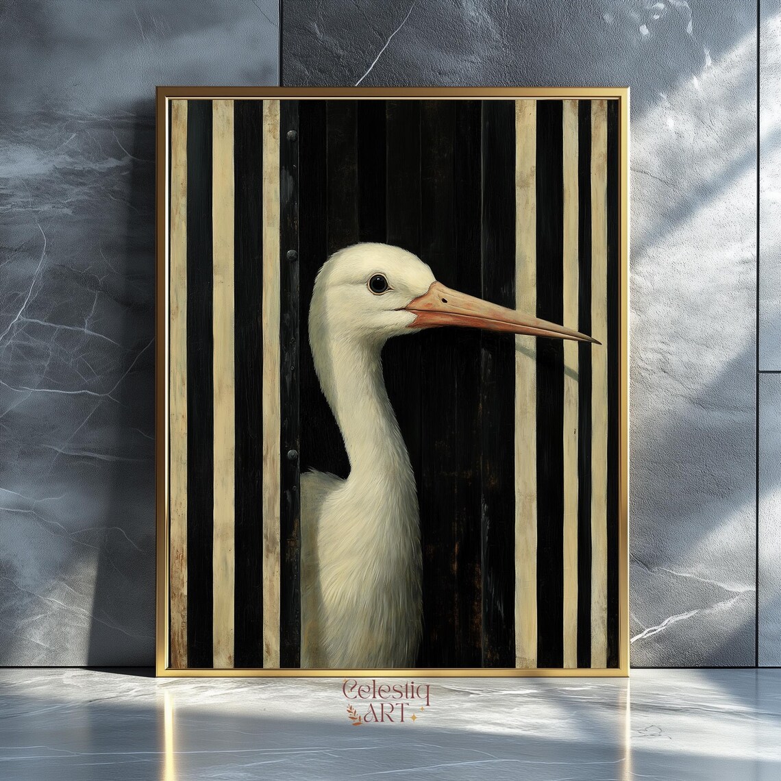 White Stork Portrait Black Beige Stripes Modern Bird Art Print