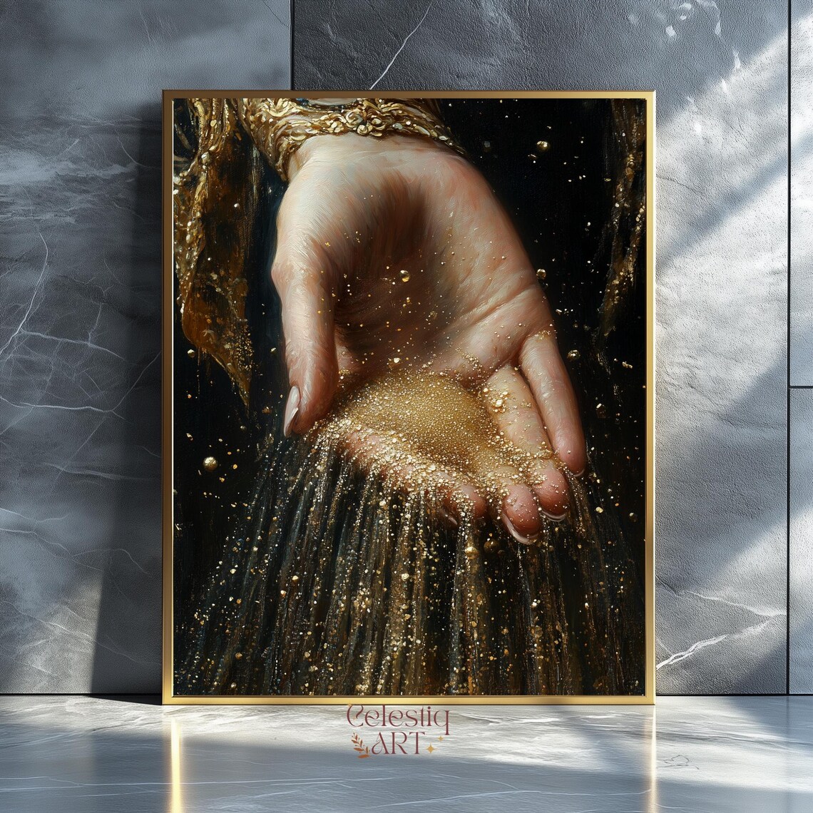 Golden Hand Pouring Gold Dust Celestial Luxury Dark Glamour Wall Art