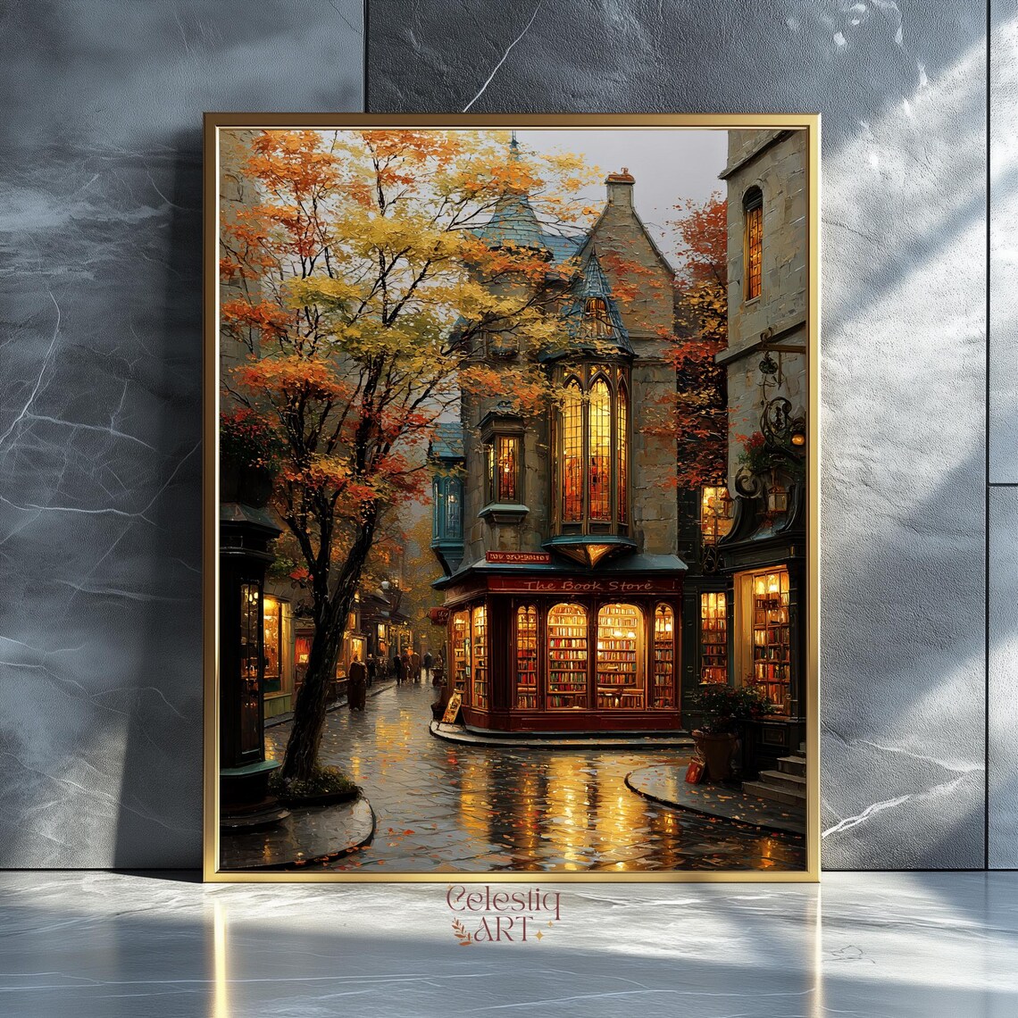 Cozy Bookstore Autumn Street Art Print, Dark Academia