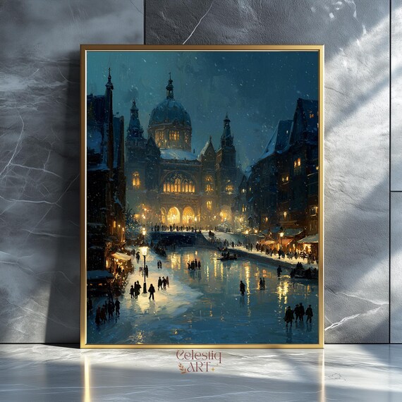 Ice Skating Night Snowy City Lights Winter Scene Vintage Poster