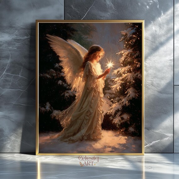 Christmas Angel Art Print, Candlelit Religious Scene