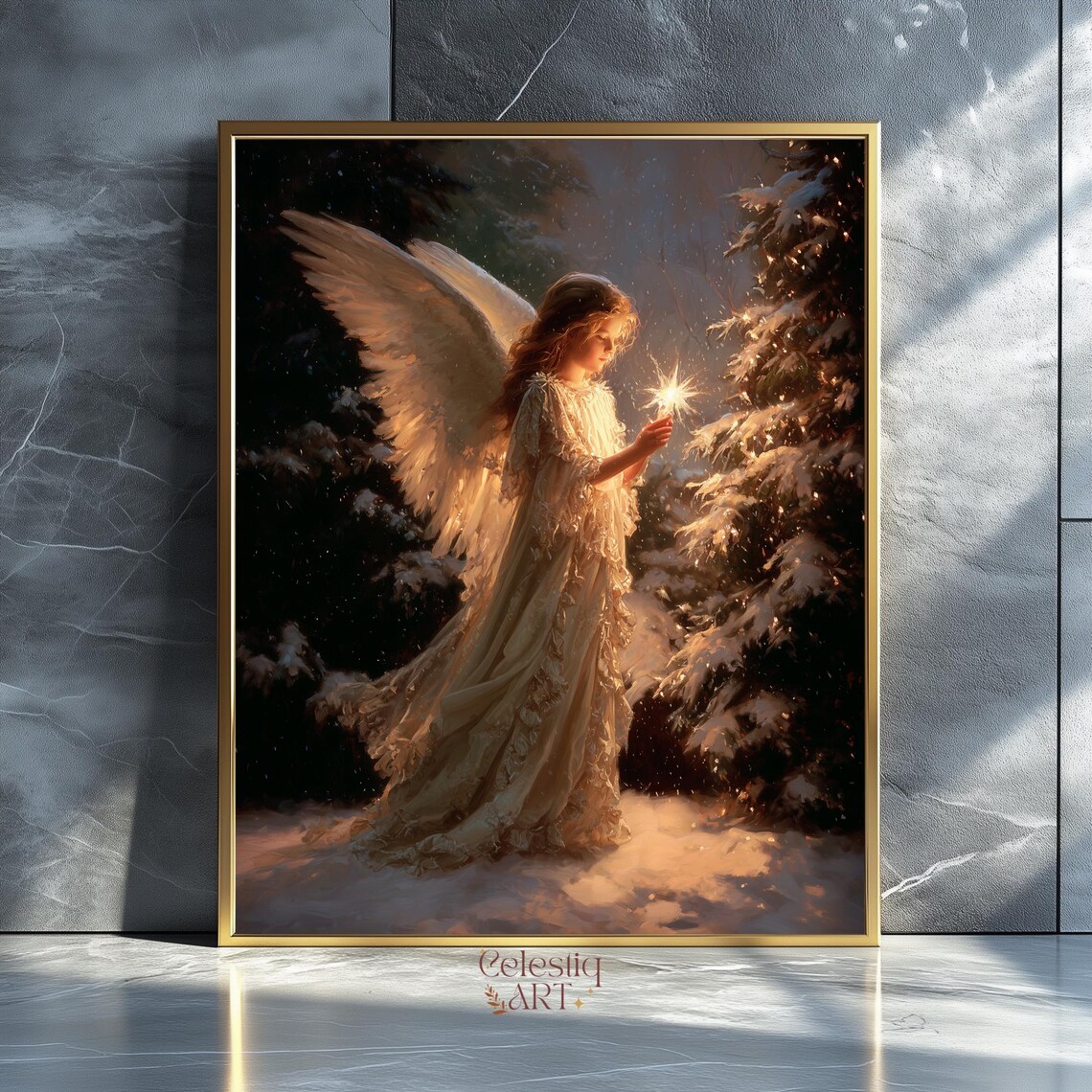 Christmas Angel Art Print, Candlelit Religious Scene