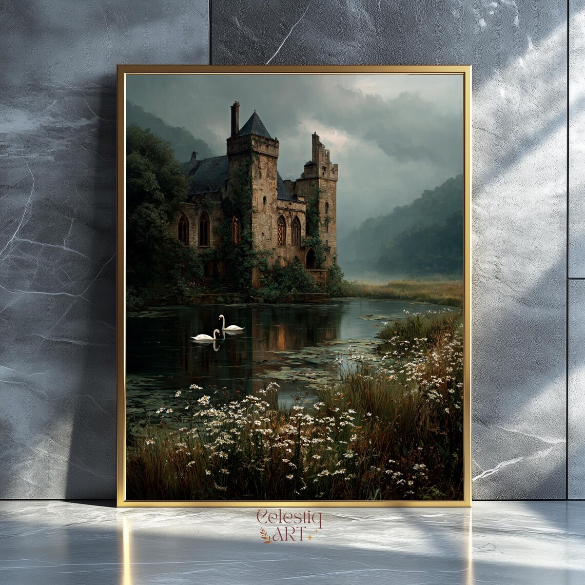 Gothic Castle Lake Swans Misty Manor Vintage Landscape Art Poster