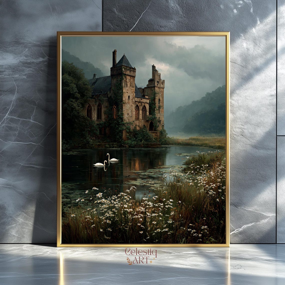 Gothic Swans Painting Vintage Castle Landscape Art