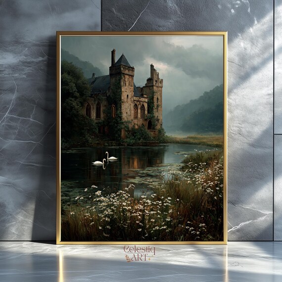 Gothic Swans Painting Vintage Castle Landscape Art