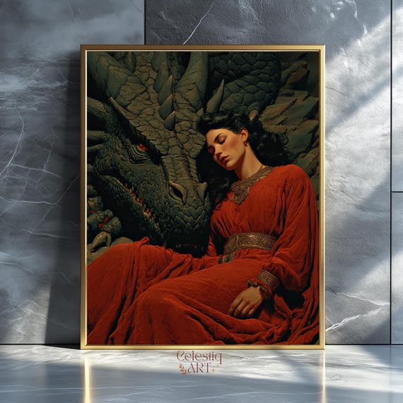 Mystical Woman And Dragon Art Print Dark Fantasy Decor