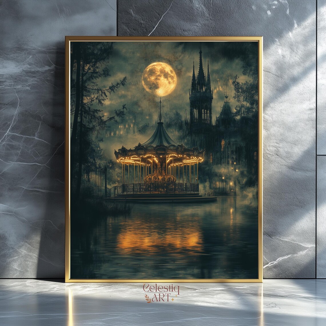 Moonlit Gothic Carousel Under Full Moon Dark Academia Fairground Poster