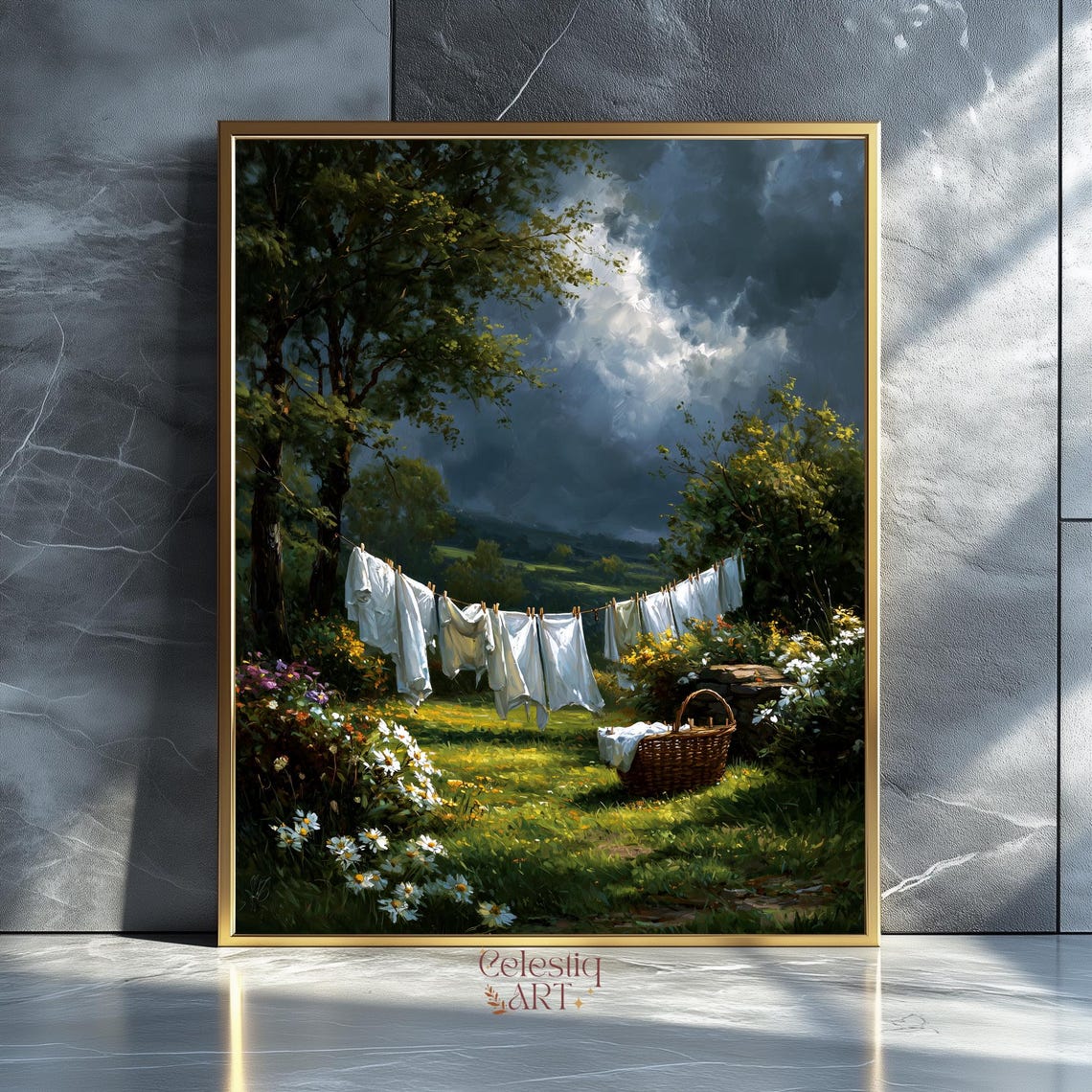 Farmhouse Laundry Line White Linens Wildflower Meadow Vintage Wall Art