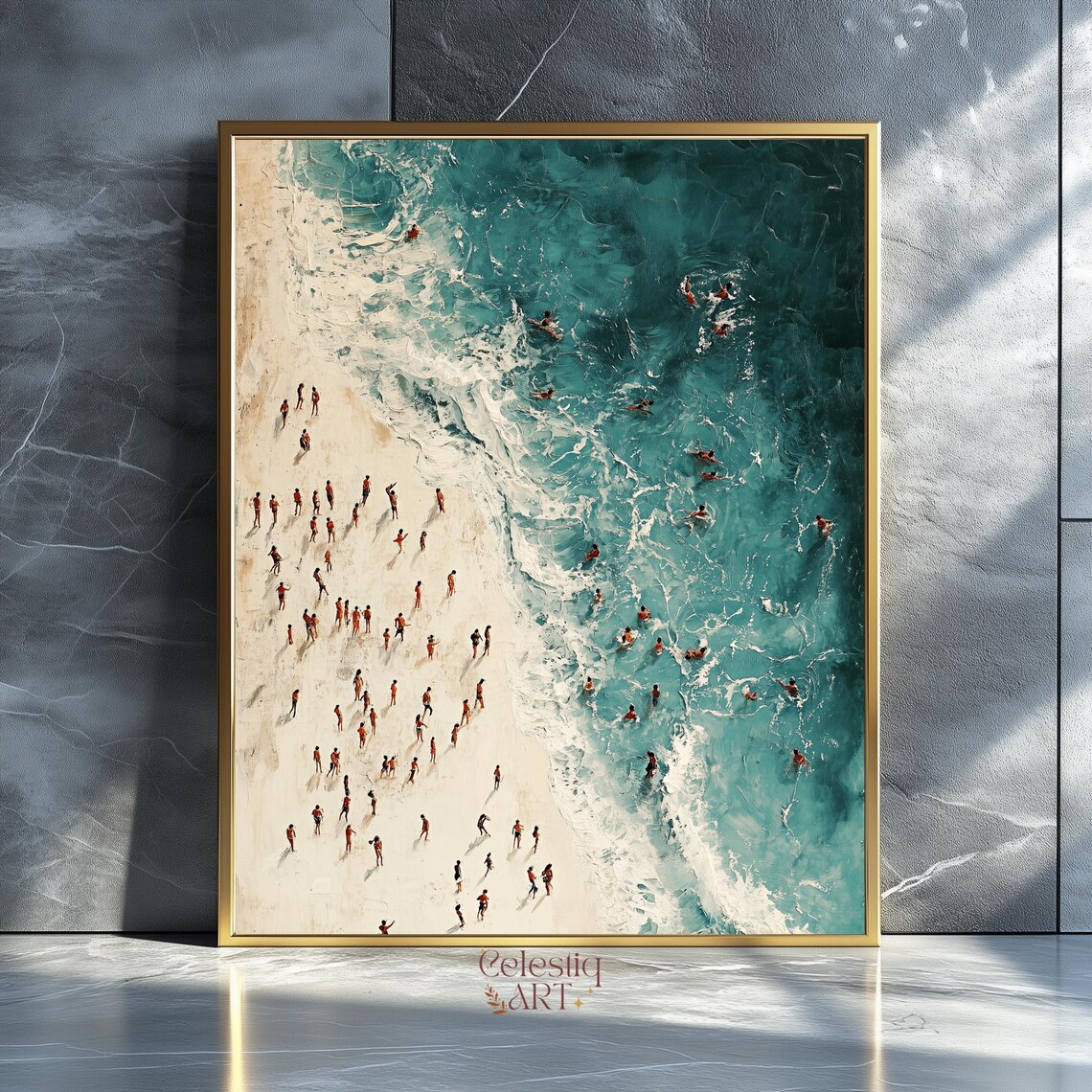 Aerial View Of Crowded Beach Turquoise Waves Textured Coastal Art Poster