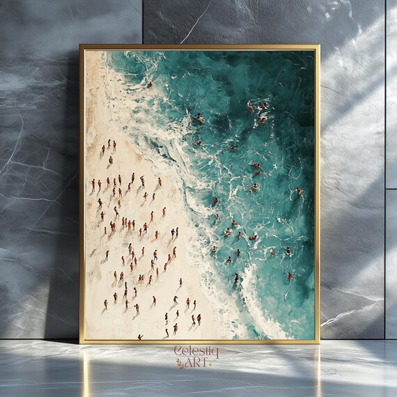Aerial View Of Crowded Beach Turquoise Waves Textured Coastal Art Poster