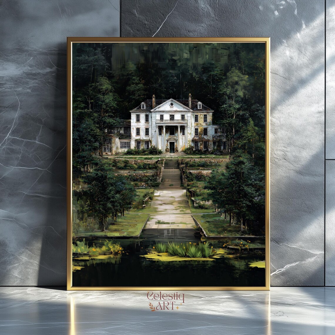 Gothic White Manor House Dark Forest Haunted Estate Art Poster