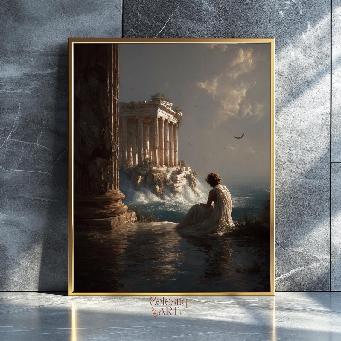 Ancient Greek Temple Cliffside Sea Fantasy Painting Mythology Wall Art