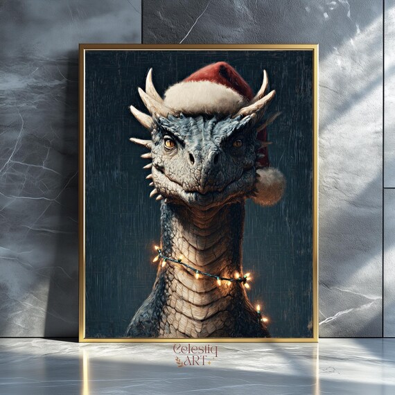 Christmas Dragon Wearing Santa Hat Festive Fantasy Creature Wall Art