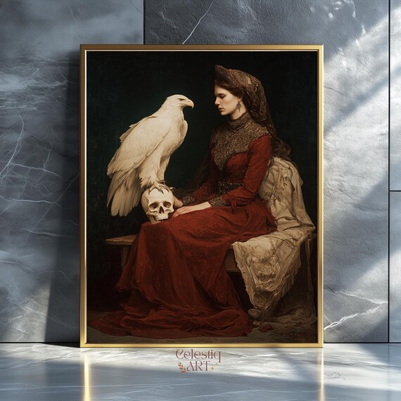 Witchy Gothic Art Print Dark Academia Woman Falcon Skull