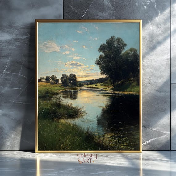 River Path Landscape Painting Impressionist Nature Print Sunlit Forest Wall Art Tranquil Outdoor Decor