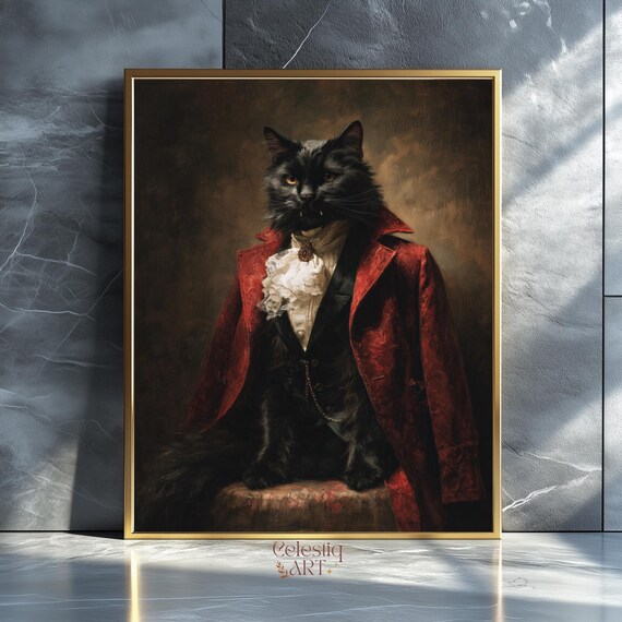 Vampire Cat Renaissance Regal Portrait Black Cat Gothic Wall Art