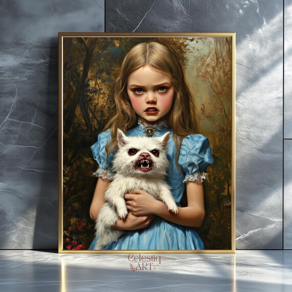 Whimsical Creepy Girl With Dog Painting Surreal Victorian Gothic Wall Art