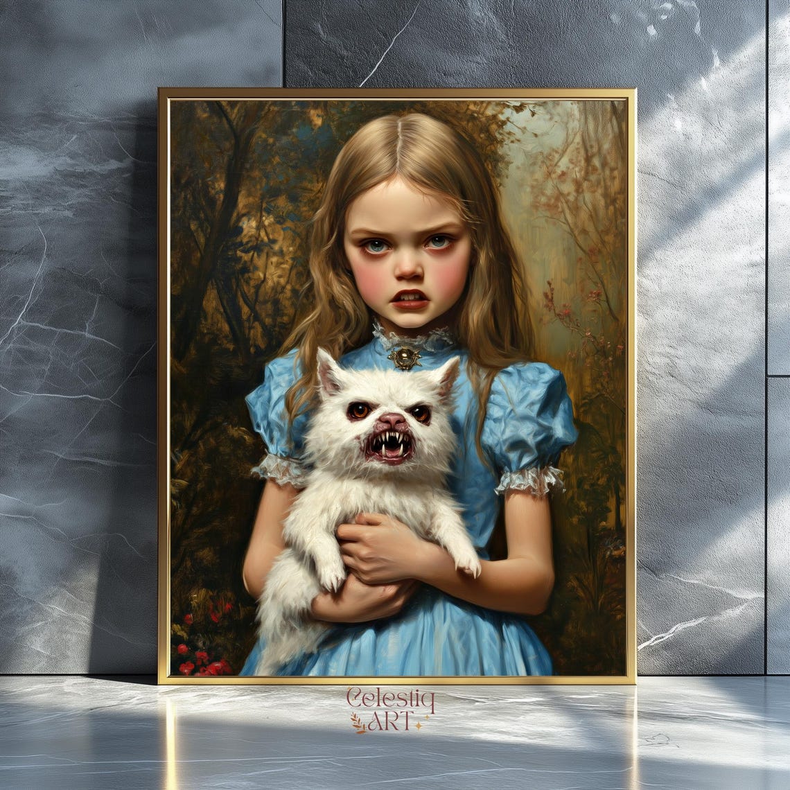 Creepy Victorian Girl with Snarling Dog Surreal Gothic Wall Art