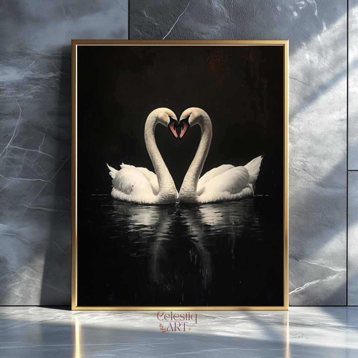 Two White Swans Heart Shape Romantic Moody Love Birds Poster