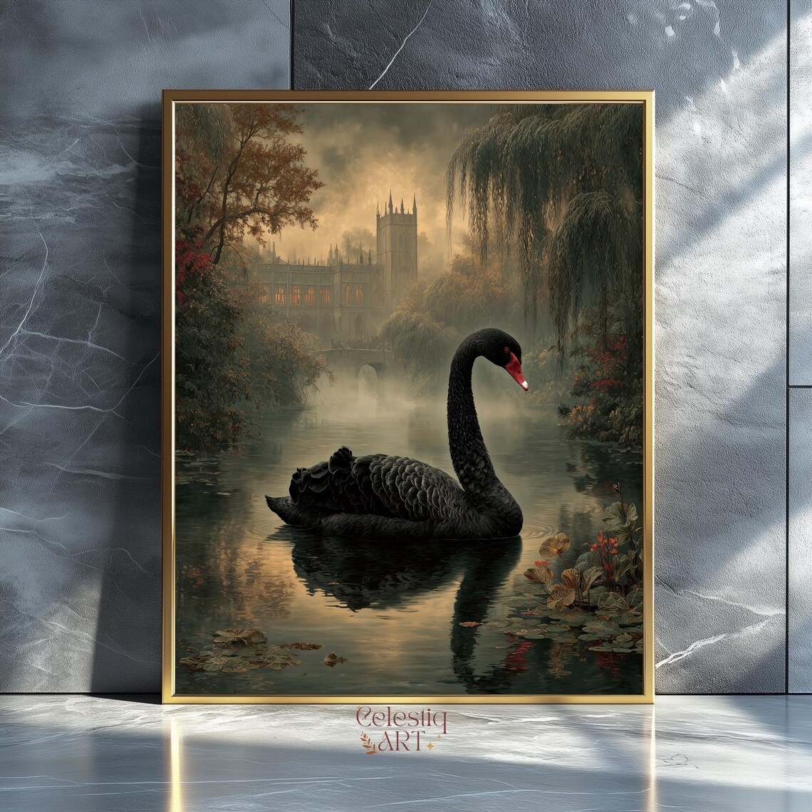 Black Swan Oil Painting Gothic Victorian Lake Misty Bird Art Poster