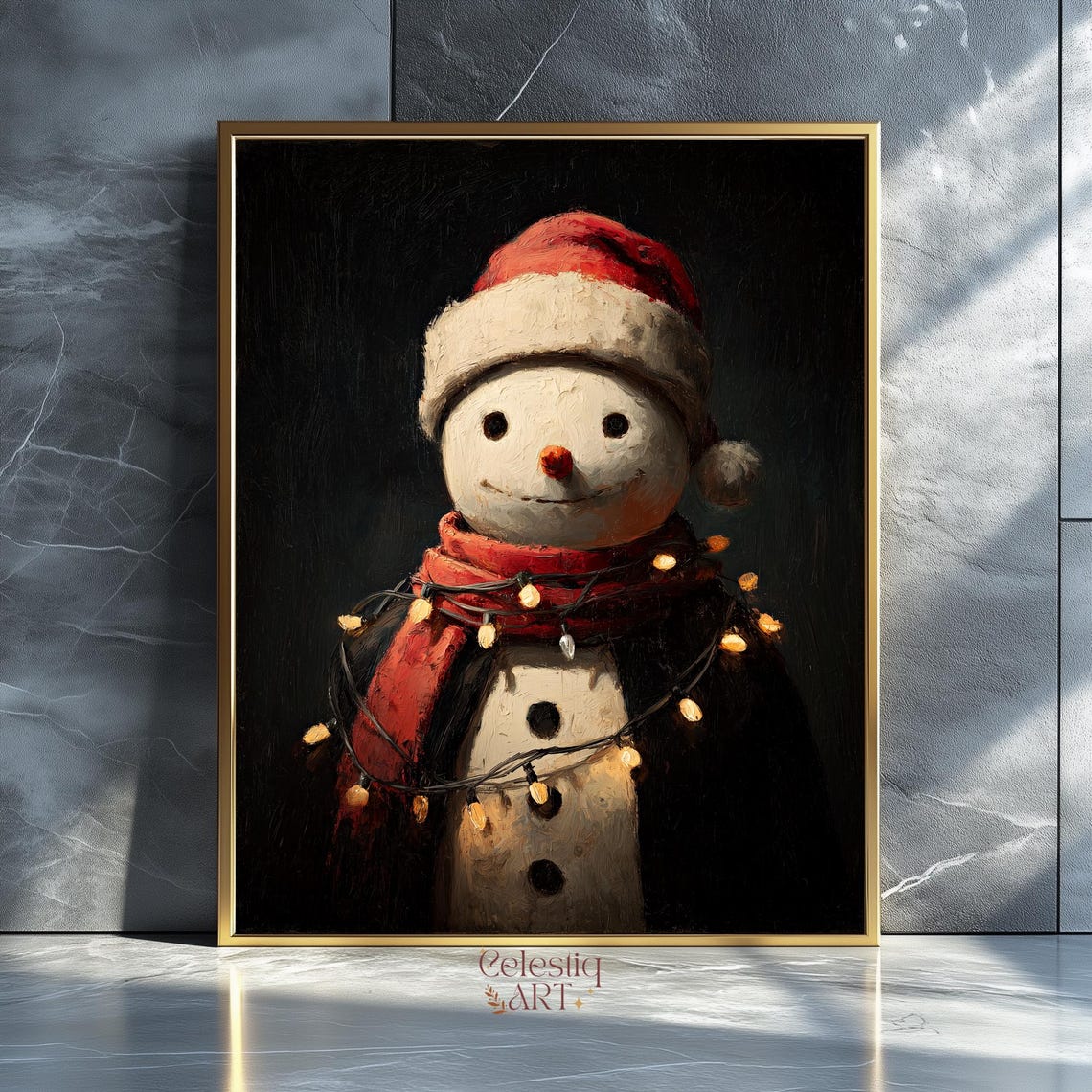 Vintage Snowman Portrait Christmas Lights Dark Holiday Art Poster