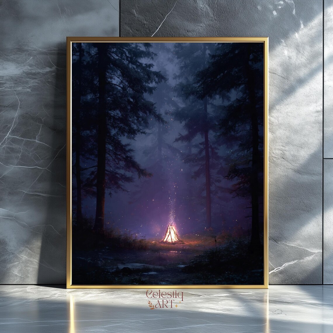 Campfire in Dark Pine Forest Night Moody Wilderness Camp Poster