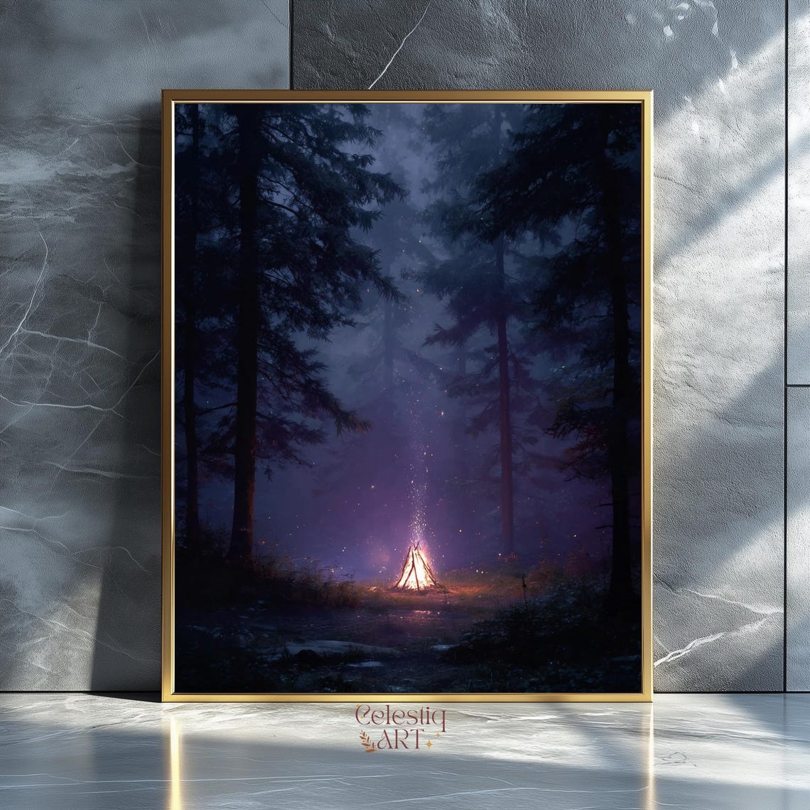 Rustic Campfire Painting Moody Forest Print Cabin Wall Art