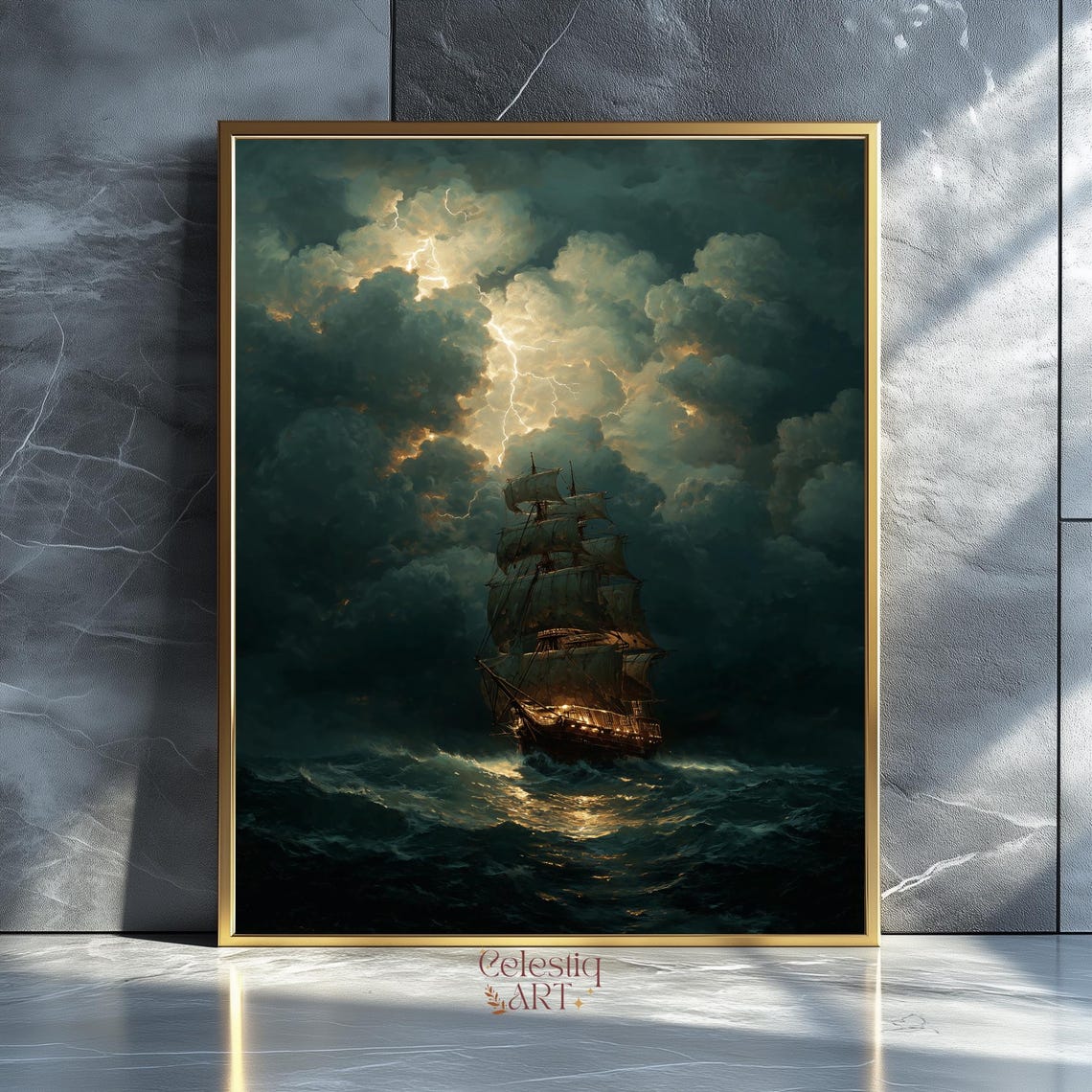 Tall Ship Stormy Sea Lightning Dramatic Vintage Ocean Poster